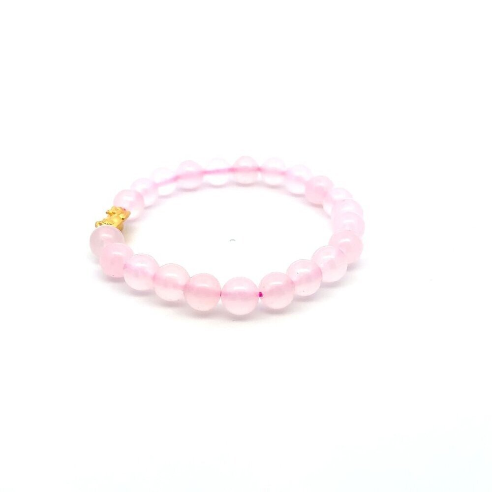 Natural Rose Quartz 8mm Stretchable Bracelet Size 6.75" 24K Gold Dragon Piyao - Picture 4 of 4